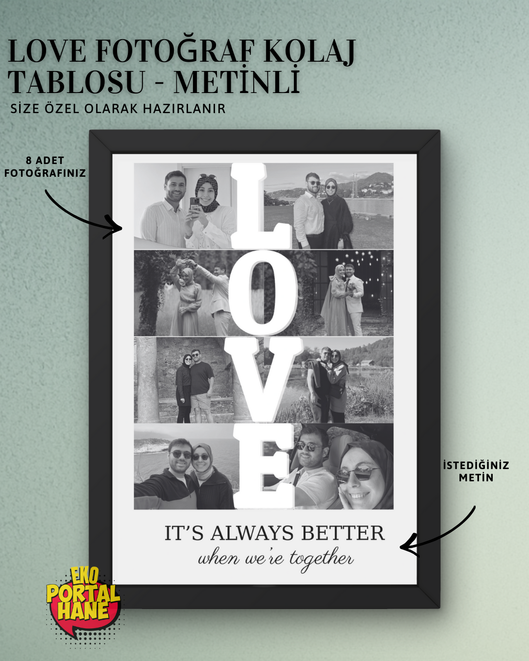 Metinli - Love Fotoğraflı Kolaj Tablosu